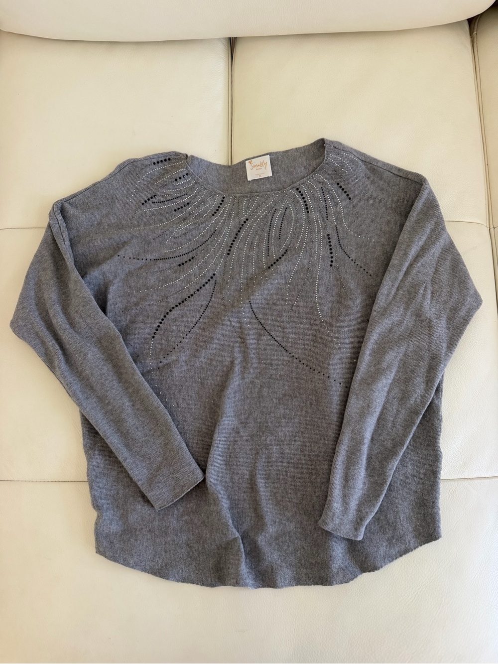 Siren Lily Gray Crewneck Sweater with Rhinestone Detail